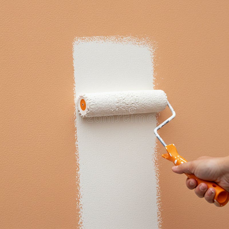 A hand holding an orange-handled paint roller applies a coat of white paint over a vector illustration