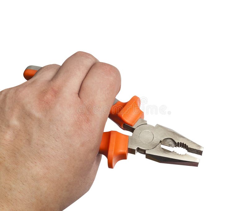 Hand holding a orange pliers isolated on white background. royalty free stock photography Hand holding a orange pliers isolated on white background. royalty free stock photography