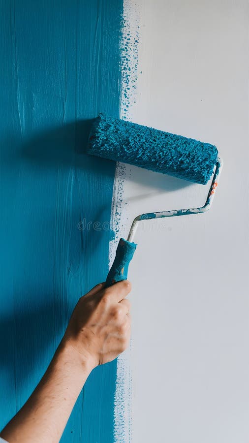 Paint Roller Gripping Hand, Gliding Over White Wall, Leaving Textured