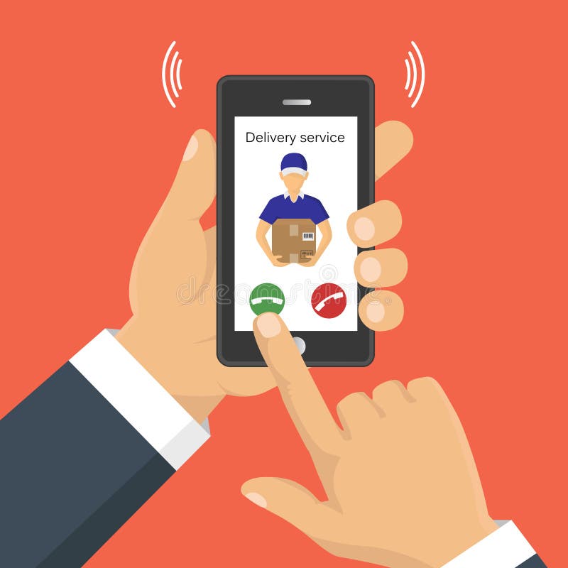 Hand Holding a Phone, Calling in Service Delivery. Stock Vector
