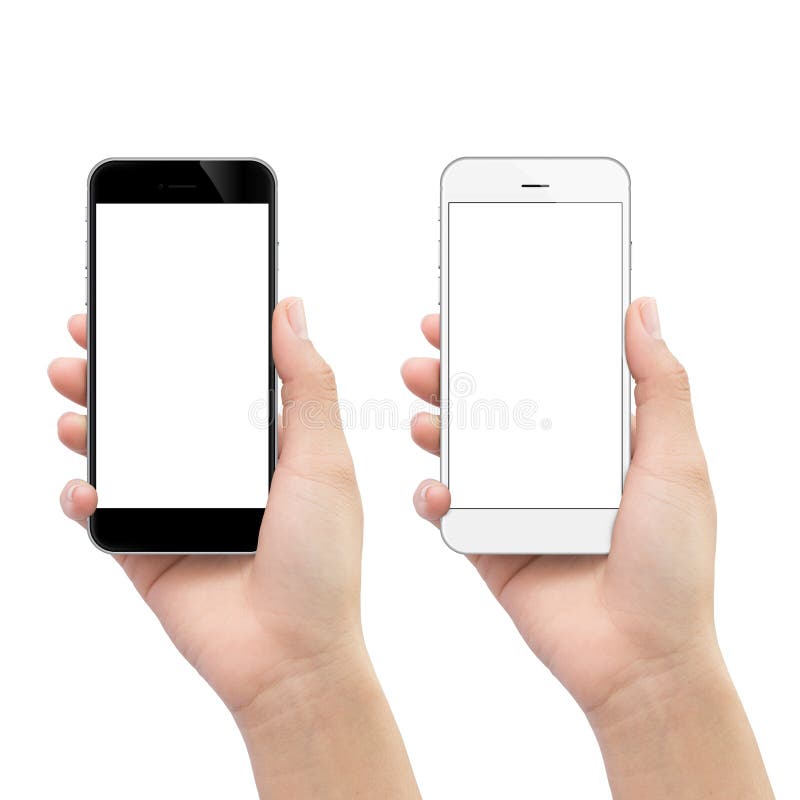 Hand holding phone isolated on white stock photo