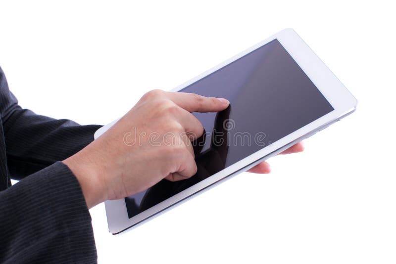 Hand holding the phone tablet isolated on white background