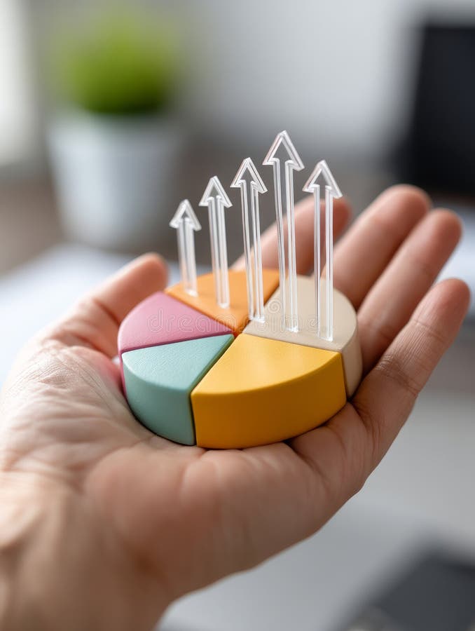 Hand holding a pie chart with upward arrows. royalty free stock images