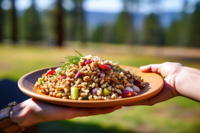Hand holding a plate of farro salad outdoor stock photography