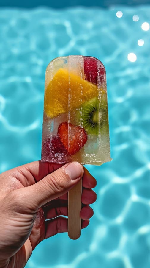 Hand Holding Popsicle With Fruit Topping, Refreshing and Healthy Summertime Treat. AI generated