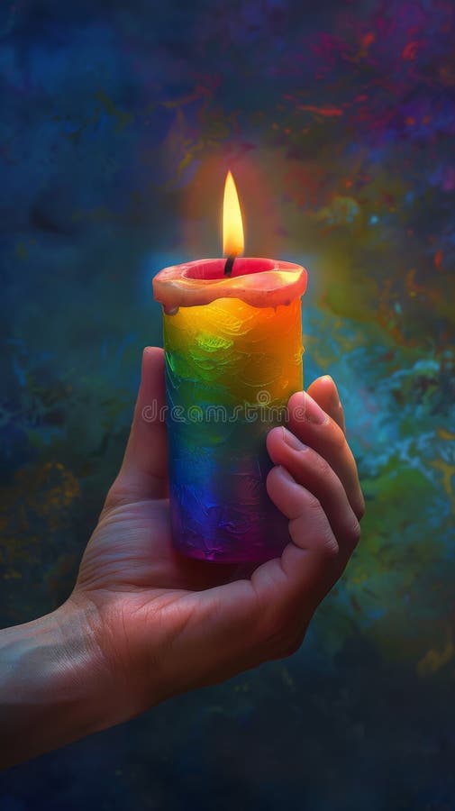Hand holding a rainbow colored candle with flame, vibrant background royalty free illustration