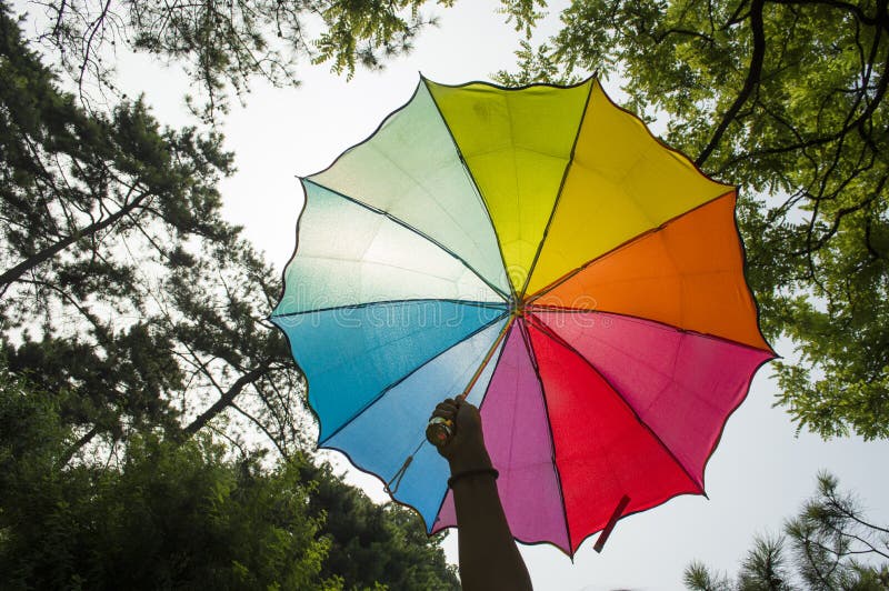 Hand holding a rainbow umbrella