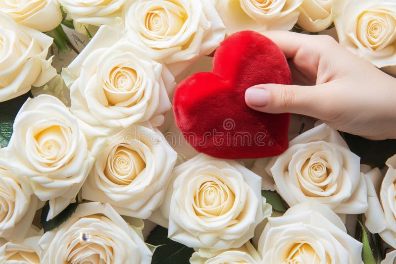 Hand holding a red heart surrounded by white roses on a table stock image