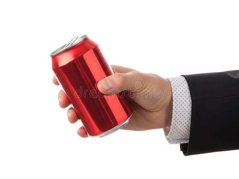 A close-up image of a hand holding a red soda can with a white background. Coke can illustrations