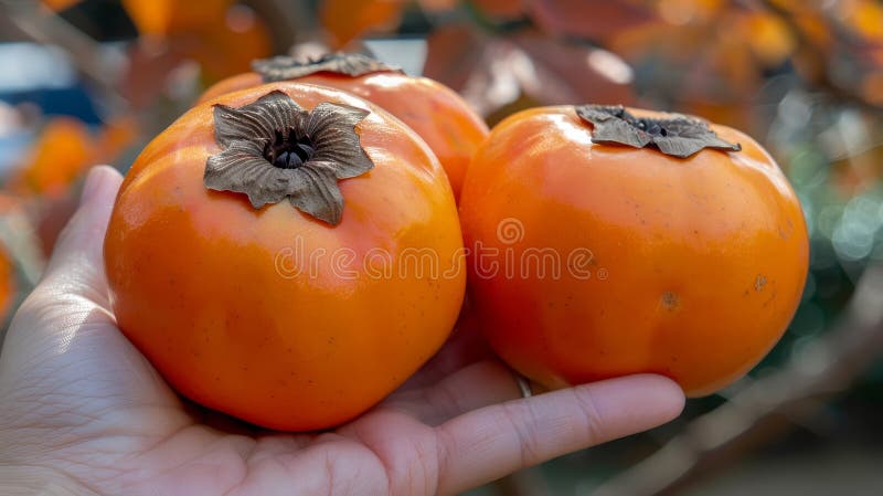 Hand holding ripe persimmon on blurred background with copy space for text persimmon selection royalty free illustration
