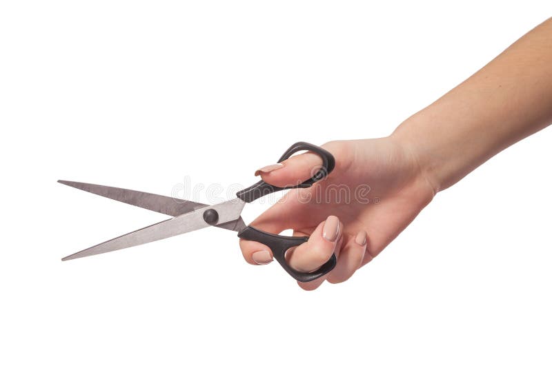 Hand is holding scissors isolated stock photos