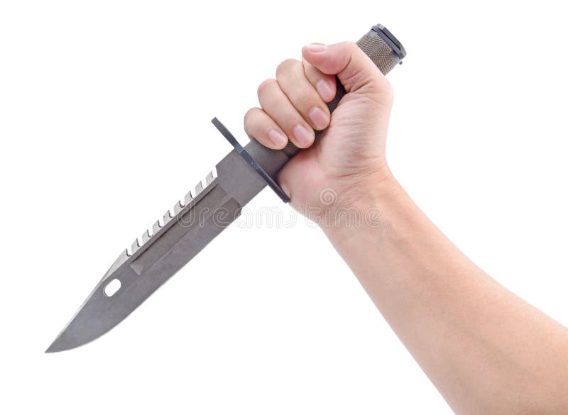 The hand holding Army green of military knife isolated white royalty free s...