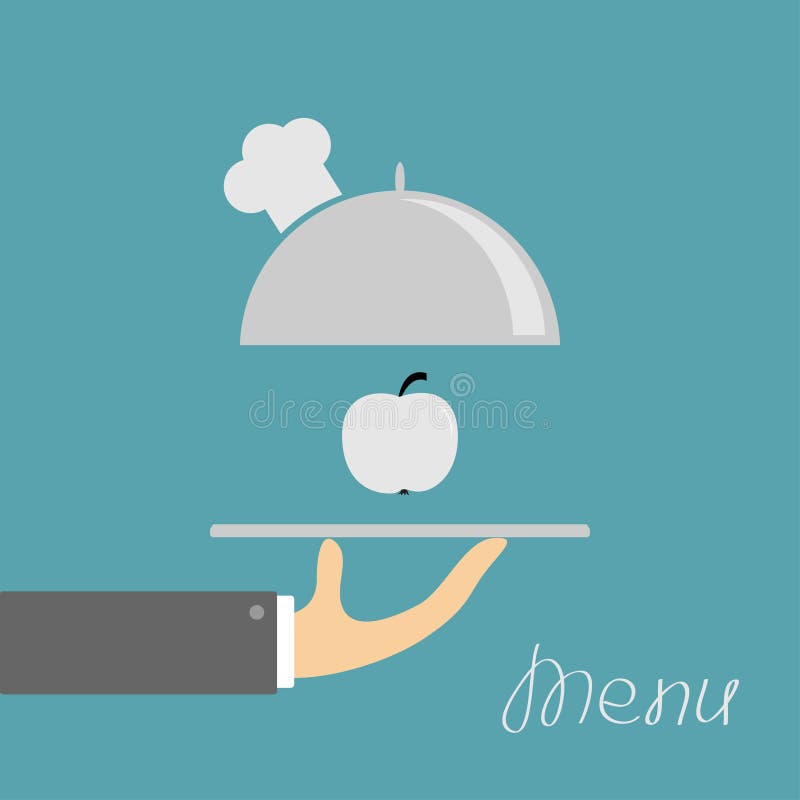 https://thumbs.dreamstime.com/b/hand-holding-silver-platter-cloche-chefs-hat-apple-menu-card-blue-background-flat-design-vector-illustration-66761106.jpg