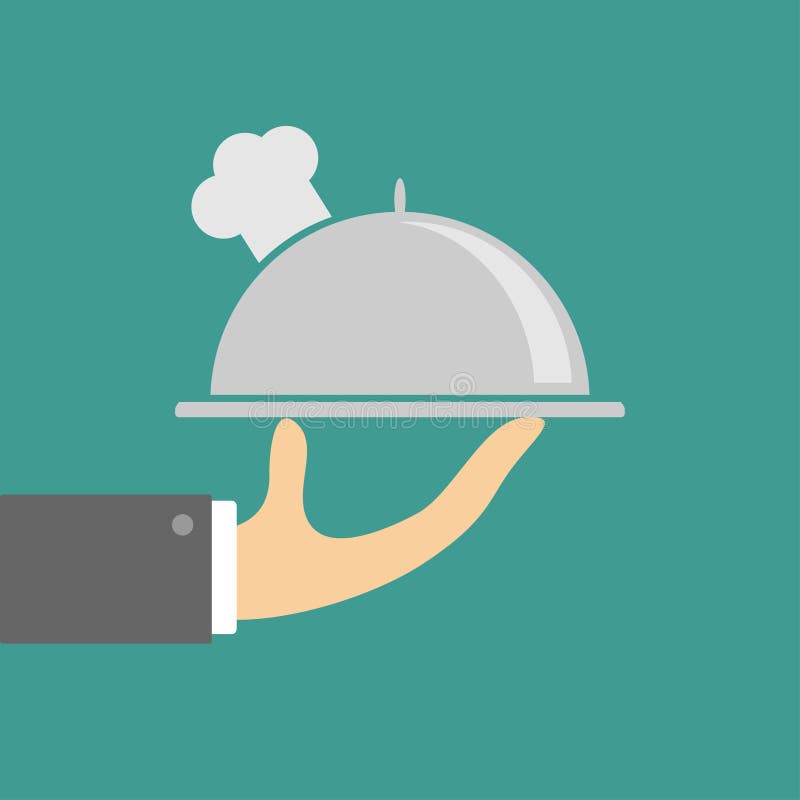Hand Holding Silver Platter Cloche with Chefs Hat. Flat Design. Stock