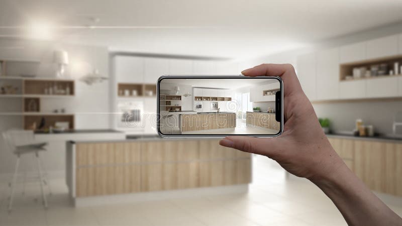 Hand holding smart phone, AR application, simulate furniture and interior design products in real home, architect designer concept stock photos Hand holding smart phone, AR application, simulate furniture and interior design products in real home, architect designer concept stock photos