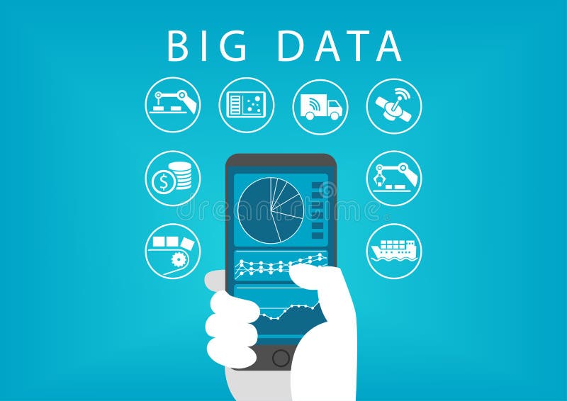 Hand holding smart phone with mobile data analysis dashboard for big data. Concept of different businesses stock illustration