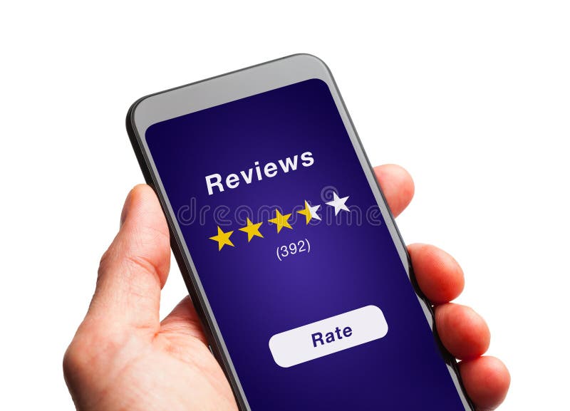 Customer Reviews on Smart Phone. Hand Holding Smart Phone with Online Customer Reviews