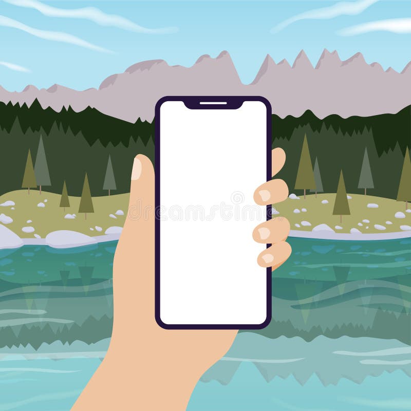 Hand Holding Smart Phone in Vertical Position Banner. Nature Landscape