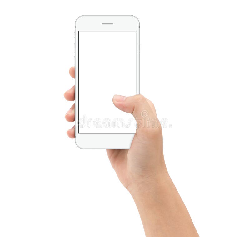 Hand holding smart phone on white background clipphing path inside, mock-up phone white screen stock image