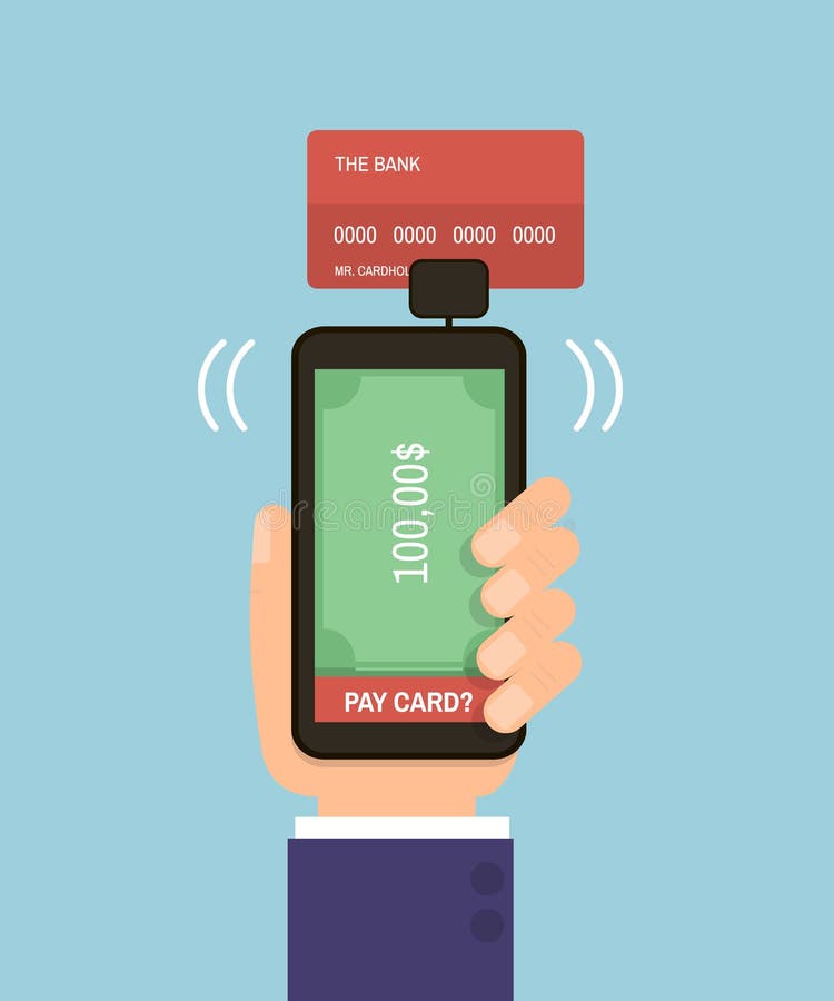 Hand holding smartphone with bank card. Mobile pay credit card. Flat Vector Illustration royalty free illustration Hand holding smartphone with bank card. Mobile pay credit card. Flat Vector Illustration royalty free illustration