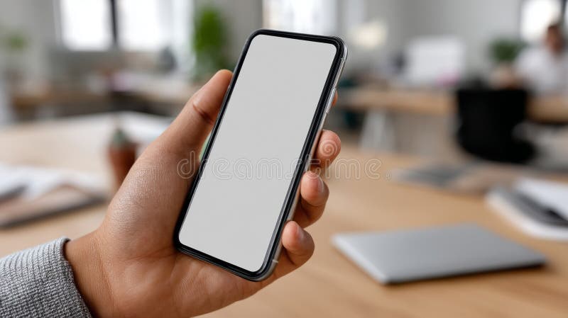 Hand holding smartphone with blank screen in modern office. royalty free stock photo