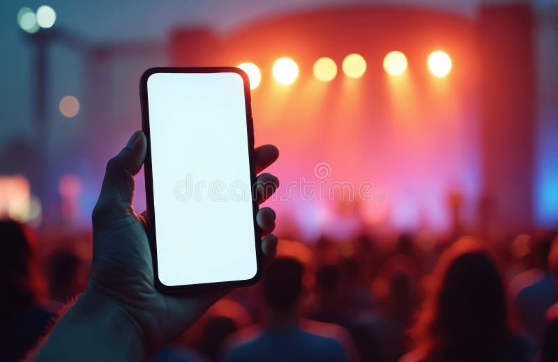 Hand holding smartphone blank screen at music festival. Audience watches concert on stage. Modern mobile tech, show event, night stock illustration
