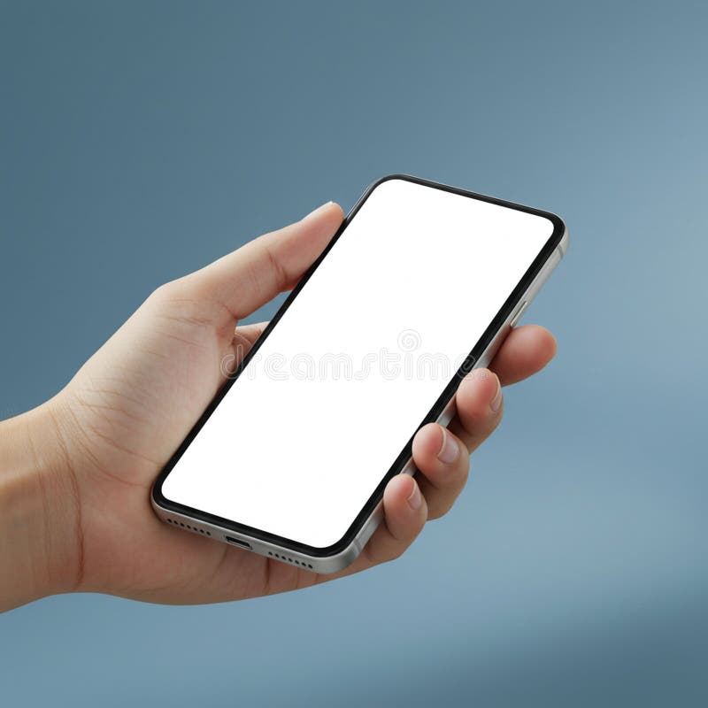 A hand holding a smartphone with a blank, white screen. The phone has slim black stock illustration