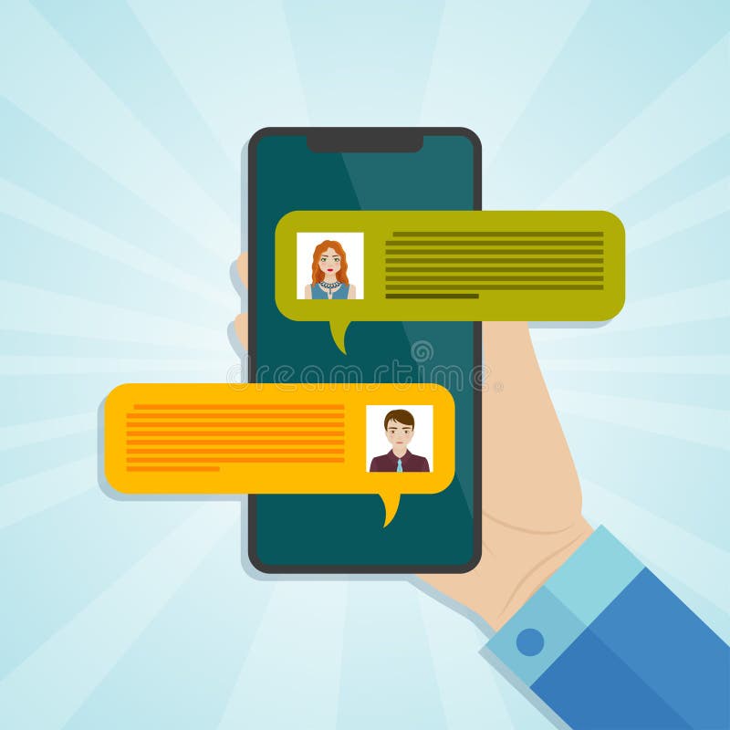 Hand holding smartphone with chat messages notification on screen stock illustration Hand holding smartphone with chat messages notification on screen stock illustration