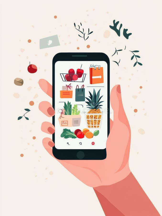 Hand holding smartphone displaying grocery delivery app with colorful produce and simple user interface design royalty free stock photo