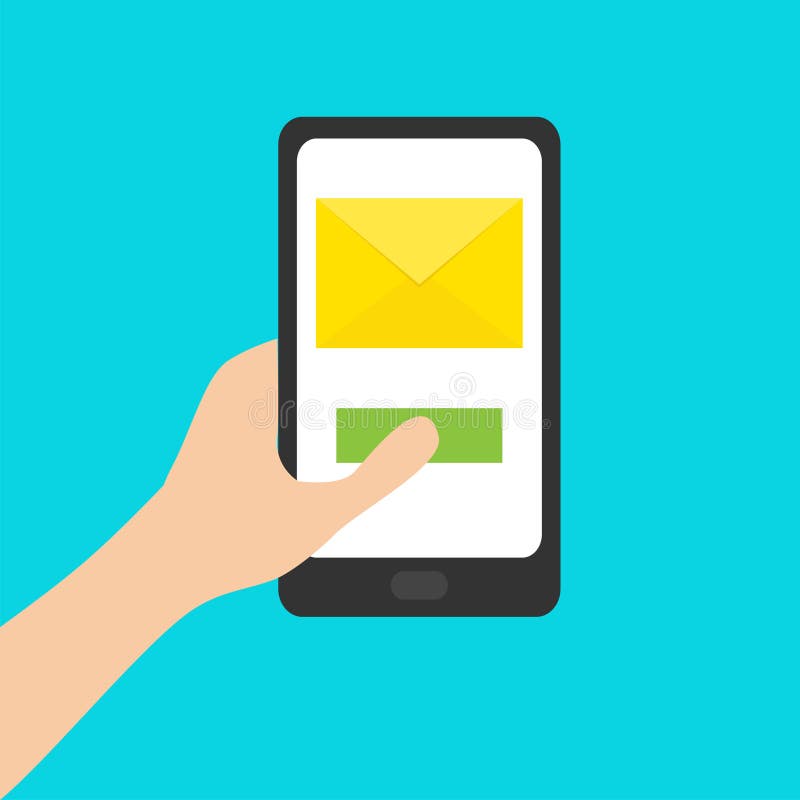 Hand holding smartphone. Genering tablet gadget. Tab. Email icon. Paper envelope letter. Green button. New message sign symbol. Un stock illustration Hand holding smartphone. Genering tablet gadget. Tab. Email icon. Paper envelope letter. Green button. New message sign symbol. Un stock illustration