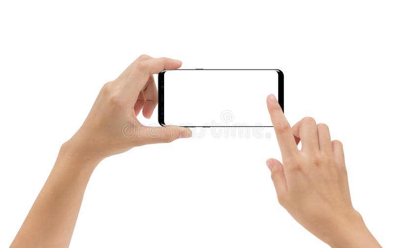 Hand holding smartphone mobile and touching screen isolated stock photo