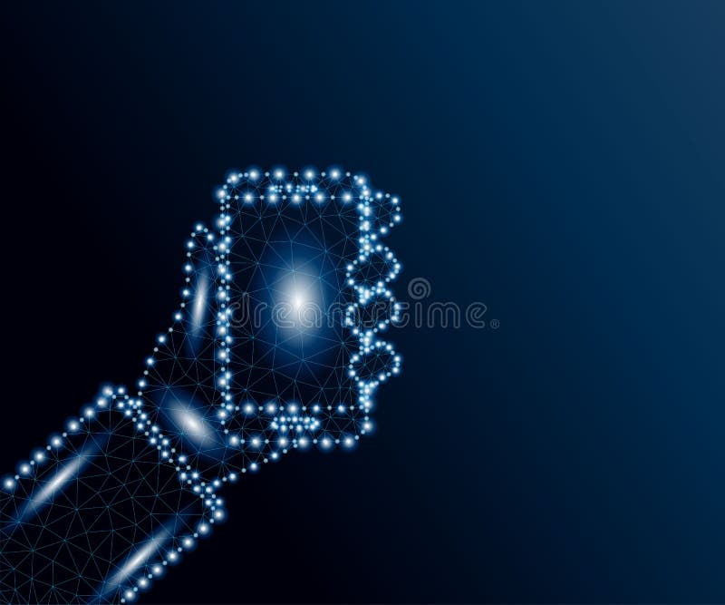 Hand holding smartphone polygon, blue stars 3