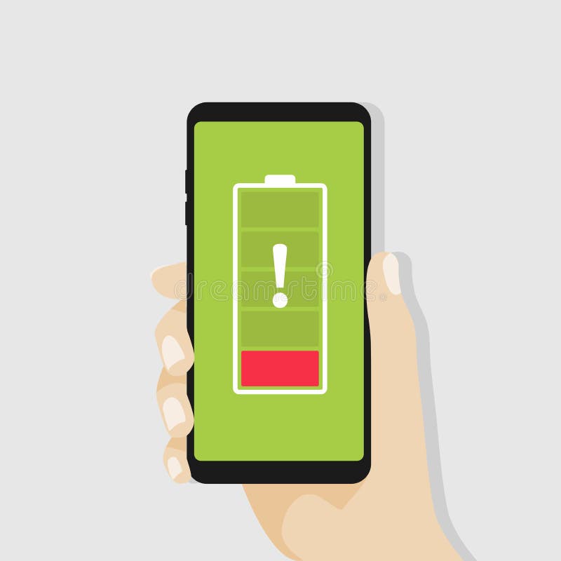 Hand holding smartphone with red low battery. vector illustration Hand holding smartphone with red low battery. vector illustration