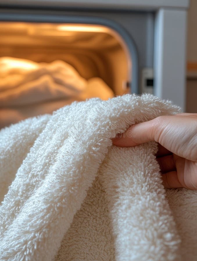 Hand holding a soft towel in front of a dryer royalty free stock images
