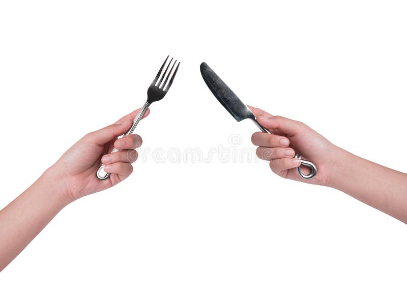 Hand Holding Steak Knife and Fork Isolated on White Background Stock