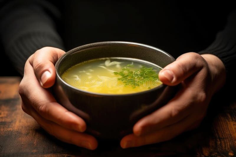 Hand holding steaming bowl of miso soup royalty free stock photos