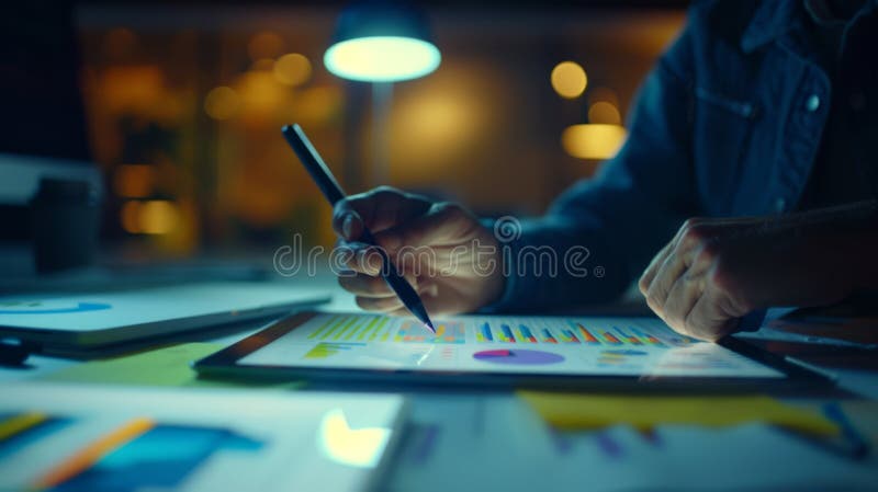 The hand with stylus on tablet. stock images.