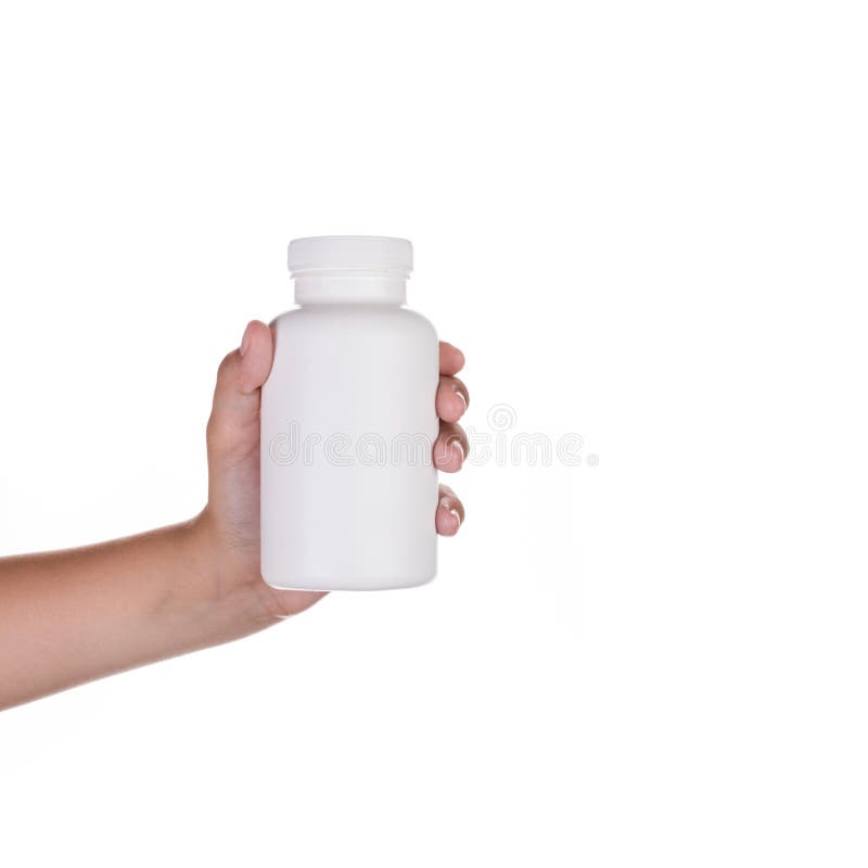 Hand holding Nahrungsergänzungsmittel oder vitamin-Flasche auf weißem hintergrund isoliert.