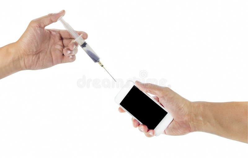Hand holding a syringe and smartphone royalty free stock photo Hand holding a syringe and smartphone royalty free stock photo