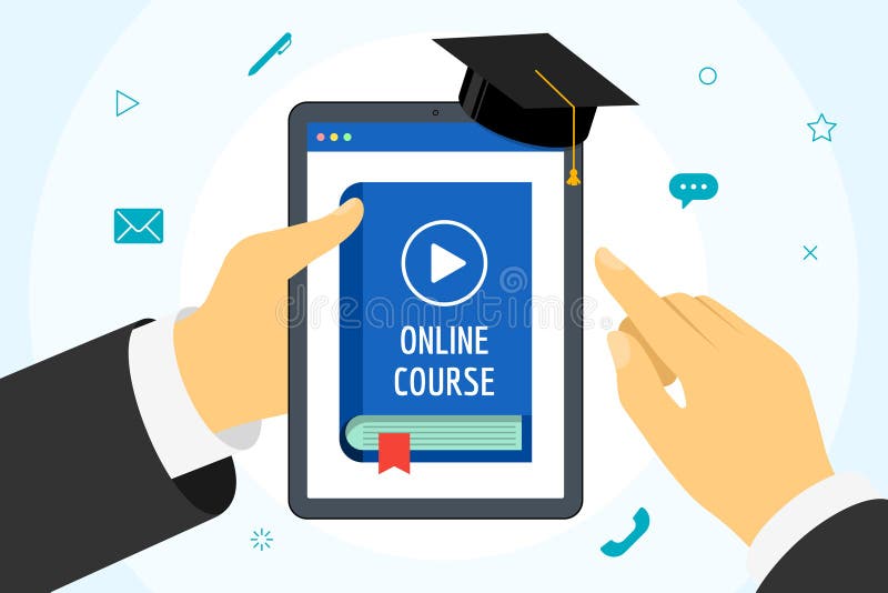 Hand holding tablet with online course blue cover book. Distance education concept with play video button and graduation