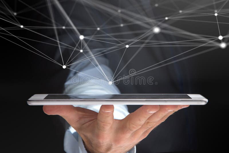 Hand holding tablet with operating system screen and network con royalty free stock photo Hand holding tablet with operating system screen and network con royalty free stock photo