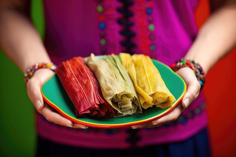 Hand holding tamales on a colorful plate stock image
