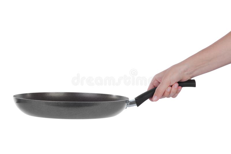 Hand holding a Teflon frying pan isolated on white background. Frying pan stock images, royalty-free photos and pictures
