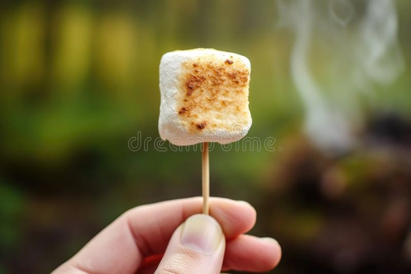 Hand holding toasted marshmallow on a stick stock images