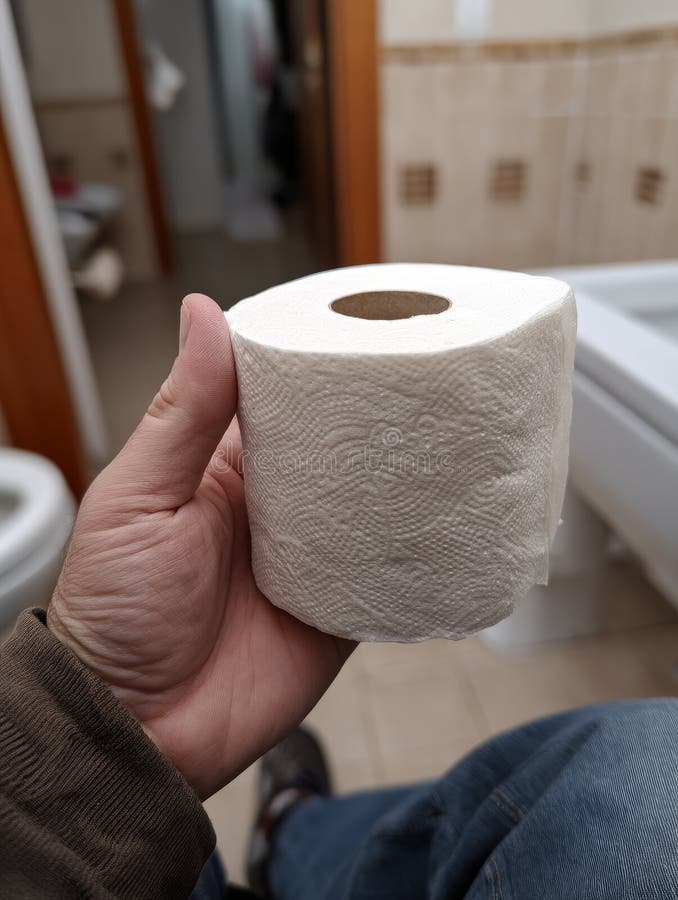 Hand holding a toilet paper roll in a bathroom setting. royalty free stock images