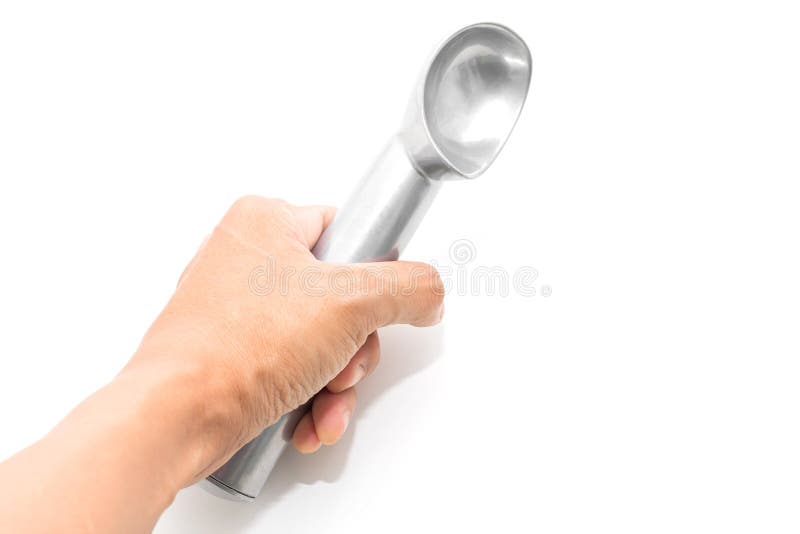 Hand holding tool of Ice cream scoop isolated on white background stock photo.