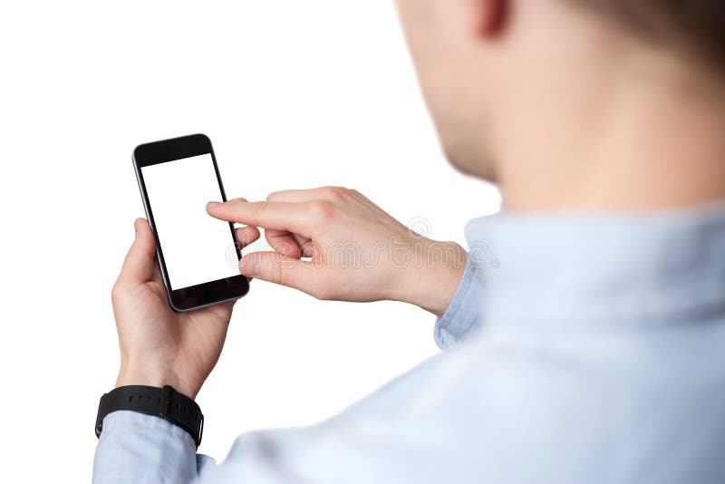 Hand holding and Touch on Black Smartphone with blank screen on white background stock photo Hand holding and Touch on Black Smartphone with blank screen on white background stock photo