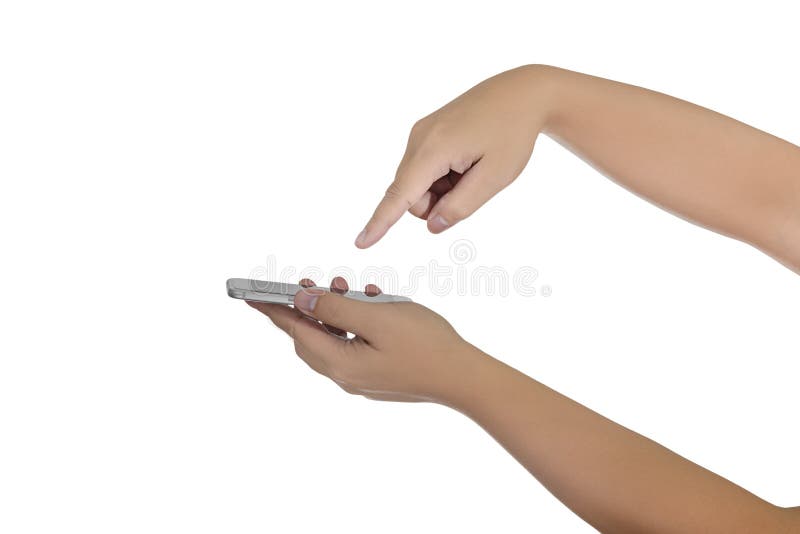 Hand holding and Touch on Smartphone with blank screen isolated stock image