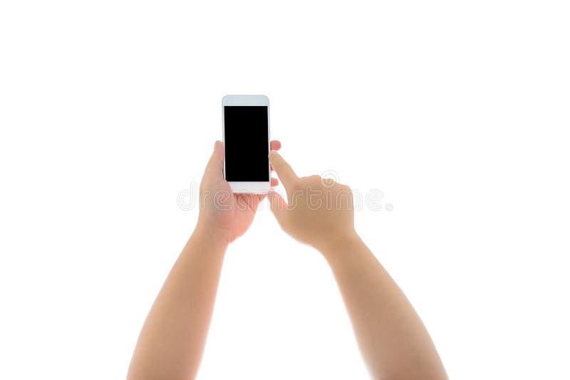 Hand holding and Touch on Smartphone with blank screen isolated royalty free stock photography