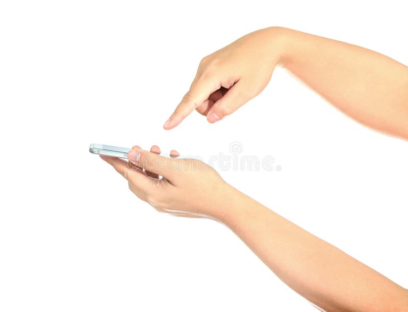 Hand holding and Touch on Smartphone with blank screen stock photo